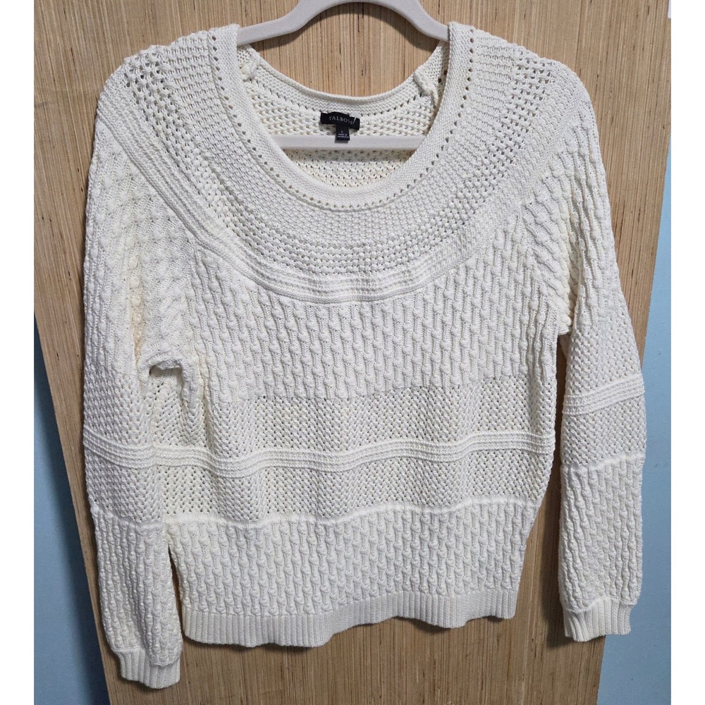 Talbots Size L  Womens Ivory White Mixed Knit Scoop Neck Sweater Cotton Blend